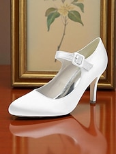 voordelige Cocktail-Champagnekleurige satijnen Mary Jane-hakken voor dames met kristallen gesp, elegante pumps met puntige neus voor cocktailparty&#039;s