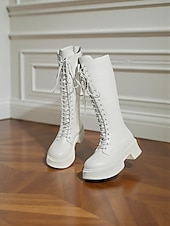 baratos Botas de combate-Botas femininas de couro sintético, cano alto, com cadarço, zíper lateral e sola plataforma grossa, calçado casual urbano