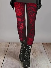 Women's Pants Trousers Leggings Cozy Leggings Streetwear Casual Full Length High Waist Floral Elastic Waist Print Breathability Comfortable Stretchy Vacation Street Daily Wear Red Spring Fall Regular3