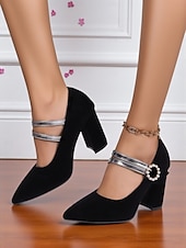 ieftine Block Heels-Tocuri Mary Jane de damă din catifea albastră cu cataramă din perlă - pantofi eleganți cu vârful ascuțit și barete argintii pentru ținute de lucru de toamnă/iarnă, stil urban șic și petreceri de