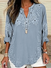 preiswerte Blumenoberteile-Damen Bluse Blumen Grafik Elegant Bohemien Vintage Langarm V Ausschnitt Normale Oberteile Täglich Ferien Strandbekleidung Gerafft Bestickt Druck Rosa Blau Frühling Herbst