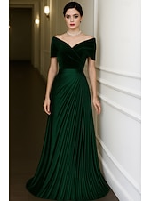 cheap Sheath Evening Dresses-Green Black Velvet A-Line Evening Gown Elegant Dress Formal Wedding Floor Length Short Sleeve Off Shoulder Satin with Pleats 2025