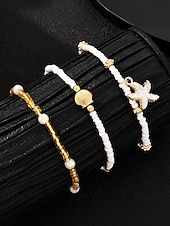 billiga Damarmband-3-delat pärlhängesset för kvinnor – guldlegering och vita pärlor med sjöstjärnor och snäckor, bohemiska strandsmycken för sommarsemester och vardagliga outfits