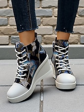 preiswerte Damen-Sneaker-Damen-Wedge-Sneaker aus blauem Denim mit Schmetterlings-Print – lässige Schnürstiefel mit verstecktem Absatz für Reisen, Streetwear und Alltagsoutfits