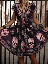 tanie Strój na Halloween-Halloween Damskie Sukienka mini Codzienne sukienki Sukienka t-shirtowa Sukienka letnia Sukienka A line Urlop Codzienny Boho Plaża Regularny Graficzny Czaszka Krótki rękaw W serek Biały Rumiany r