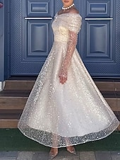 billiga Långa klänningar och gowns-A-linje Cocktailklänningar Elegant Formell klädsel Formell Bröllop Telång Långärmad Över axeln Spets med Veckad 2025