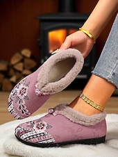 economico Scarpe di Natale per Donne-scarpe slip-on da donna con fodera in pelliccia ricamata rossa e motivo floreale, calde scarpe invernali per Natale, periodo festivo e abbigliamento casual
