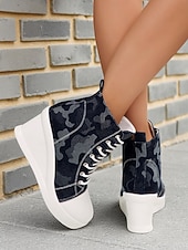 preiswerte Damen-Sneaker-Damen-Wedge-Sneaker aus blauem Denim mit Schmetterlings-Print – lässige Schnürstiefel mit verstecktem Absatz für Reisen, Streetwear und Alltagsoutfits