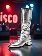 olcso 1980-as évek-női arany és ezüst metálfényű térdig érő csizma - fényes műbőr retró diszkó go-go csizma blokkos sarokkal jelmezbálokra, halloweeni és 1980-as évekbeli táncruhákhoz