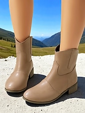 abordables Cowboy y botas occidentales-Botines de piel sintética color vino tinto para mujer: botas cortas de tacón bajo estilo western informal para el trabajo, viajes y atuendos cotidianos.