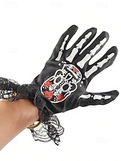 preiswerte Halloween-Zubehör-Damen-Halloween-Skeletthandschuhe – schwarze Spitzenmanschette mit Zuckerschädel-Aufdruck, Kostümzubehör für Party, Cosplay und Nachtleben