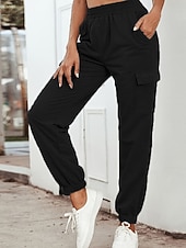 abordables pantaloni cargo da donna-Women's Cargo Pants Slacks Streetwear Casual Full Length Natural Plain Pocket Elastic Waist Comfortable Street Holiday Daily Wear Grey Black Army Green Fall Regular Fit