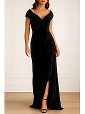 preiswerte Abendkleider-A-Linie Schlauchkleid Abendkleid Elegant Kleid Formell Hochzeit Bodenlang Kurzarm V Ausschnitt Tasche Stretch Satin mit Schleife(n) 2025