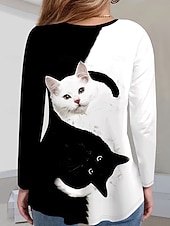  W camiseta de mujer de manga larga gráfica animal gato vintage estilo clásica de manga larga cuello en V tops regulares de impresión diaria negra primavera otoño preotoño