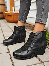 abordables Bottines-Bottines compensées en similicuir marron pour femme avec fermeture éclair latérale – bottines à lacets décontractées et confortables pour le travail, le shopping et les voyages