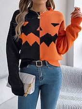 economico Blusa e Camicie di Halloween-Maglione da donna Halloween con zucca casual morbido grafica colletto a coste maniche lunghe top regolari lavorato a maglia arancione khaki autunno inverno pre-autunno