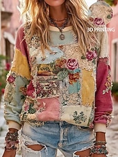 cheap Floral Tops-Women&#039;s 3D Print Pullover Sweatshirt Floral Graphic Warm Active Vintage Long Sleeve Crew Neck Regular Tops Street Dailywear Casual Light Pink Yellow Light Green Pink Red Spring Fall Winter