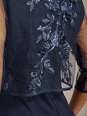  女性用 ブレザー ジャケット ライトウェイト レース 刺繍 スパンコール イリュージョンレース エレガント フラワー フォーマル 記念日 パーティー 結婚式のゲスト オープンフロント ショート クルーネック レギュラー 七分袖 アウターウェア ネイビーブルー 春 秋