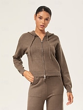 preiswerte Mäntel &amp; Trenchcoats-Kaffeebrauner Damen-Kapuzenpullover mit Reißverschluss, überschnittene Schultern, lange Ärmel, doppelseitiger Reißverschluss, lässig, stilvoll, für den Alltag, Herbst