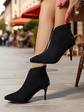 abordables Bottines-Bottines à talons aiguilles noires pour femmes - bottines à bout pointu en daim avec design en V pour un look de bureau chic et urbain et un style streetwear d&#039;automne