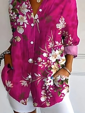 cheap Floral Blouses-Women's Shirt Linen Like Breathable Lightweight Floral Graphic Elegant Bohemia Daily Long Sleeve Shirt Collar Regular Tops Work Daily Buttons Print Red Spring Fall Winter