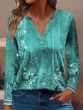 abordables T-shirt floral-Femmes T-shirt Fleuri Occasionnel manche longue Encolure en V Hauts Réguliers Quotidien Boutons Imprimé Rouge Bleu Violet Vert Printemps Automne