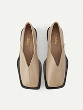 cheap Women's Flats-Women's Beige Square Toe Slip-On Loafers - Faux Leather Low Heel Comfort Shoes with V-Cut Vamp, Minimalist Modern Style for Casual Wear, Office Outfits and Autumn Fashion