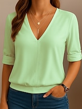 preiswerte Damen Einfache Oberteile-Damen Bluse Einfach Lässig Langarm V Ausschnitt Normale Oberteile Täglich Sport Knöpfe Weiß Gelb Blau Grün Frühling, Herbst, Winter, Sommer