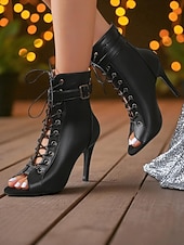 baratos Festa da Vida Noturna-Botas femininas pretas de salto alto com cadarço e bico fino - botas de salto alto com fivela para festas noturnas e trajes de clube