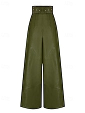 economico gamba larga e vita alta-Per donna Gamba larga Pantaloni di pelle Streetwear Casual Lunghezza intera Naturale Semplice Tasca Elastico in vita Confortevole All&#039;aperto Vacanza Ferie Nero Verde militare Autunno Vestibilit