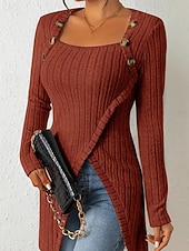 cheap Plain tee-Women's T Shirt Tee Top Buttons Asymmetrical Solid Color Elegant Fashion Long Sleeve Square Neck Regular Tops Daily Weekend Black Brown Rose Pink Gray Spring Fall