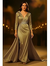 abordables Robes de bal-Robe de soirée trapèze dorée élégante, robe de mariée formelle, traîne courte, manches 3/4, col en V, satin avec nœud(s) froncé(s), 2025