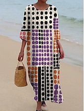 preiswerte Streifen- und geometrisches Kleid-Damen Maxi Kleid Kaftan 3/4 Länge Ärmel Rundhalsausschnitt Lässiges Shift Kleid Kleid Boho Alltag Urlaub Date Grafisch Geometrisch Gelb Blau Lila Frühling Herbst