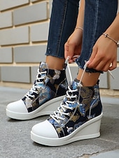 preiswerte Damen-Sneaker-Damen-Wedge-Sneaker aus blauem Denim mit Schmetterlings-Print – lässige Schnürstiefel mit verstecktem Absatz für Reisen, Streetwear und Alltagsoutfits