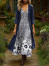 abordables Robe Fleurie-Femmes Robe Ensemble Robe Maxi Robe trapèze Vacances Boho Fleuri Graphique Superposé Imprimé Robe maxi Manche 3/4 Col en V Extérieur Quotidien bleu marine Bleu Orange Été Printemps Coupe régulière