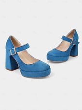 cheap 1950s-Women&#039;s Blue Suede Mary Jane Block Heel Pumps – Platform Round Toe Buckle Strap 1950s Vintage Party Shoes for Weddings, Cocktail, and Evening Outfits