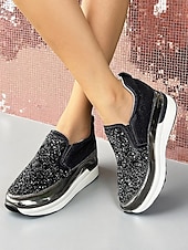 economico Sneakers da donna-sneakers slip-on da donna nere glitterate con dettagli metallici: sneakers con plateau alla moda, perfette per le feste notturne e le uscite informali