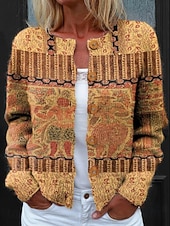 preiswerte Strickjacken und Oberbekleidung-Damen Cardigan Pullover Strick Rippen Knopf Vorderseite Rundhals Lange Ärmel Leicht Elegant Vintage Alltag Floral Grafik Geometrisch Druck Strickbedarf Outdoor Alltag Urlaub Schwarz Lila Frühling