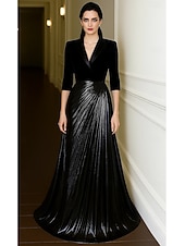 cheap Tuxedo Dresses-Tuxedo Dress A-Line Formal Wedding Wedding Guest Velvet Elegant Color Block Half Sleeve Floor Length Notched Lapels