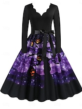 ieftine Rochie de Halloween-Rochie midi de Halloween pentru femei cu imprimeu de dovleac rochie în formă de A casual zi de zi vacanță croială regulată dovleac mânecă lungă guler în V galben albastru mov portocaliu vară
