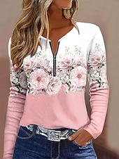 abordables T-shirt floral-Femmes T-shirt A Ombre Fleuri Graphique Élégant ancien Classique manche longue Col rond Encolure en V Hauts Réguliers Quotidien Week-end Fermeture éclair Imprimé Rose Claire Bleu Ciel Violet