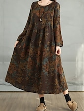 abordables robes imprimées en coton et lin-Femmes Robe maxi Robe trapèze Occasionnel Quotidien Coupe régulière Fleuri manche longue Col ras du cou Bleu marine Rouge Vert foncé Marron Été Automne