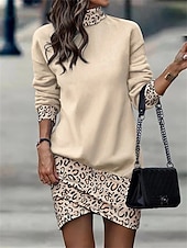 preiswerte Einfaches Kleid-Damen Sweatshirtkleid Mini Kleid Wickelkleid Party Lässig Boho Formal Outdoor Zuhause Regulär Passform Einfarbig Geometrisch Karierte Langarm Rollkragen Schwarz Weiß Aprikose Frühling Herbst Winter