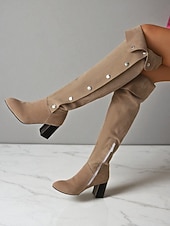 economico Stivali alla moda-stivali sopra il ginocchio da donna in pelle scamosciata bordeaux con tacco a blocco e bottoni decorativi - versatili per l'autunno &amp;calzature invernali alla moda per look streetwear e serali alla