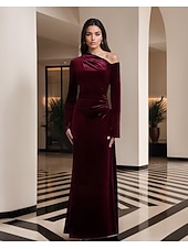 preiswerte Schlauch-Abendkleider-schwarze Krawatte Stretch-Samt Etuikleid/Säule Abendkleid elegantes Kleid formelle Hochzeit bodenlang langarm eine Schulter mit Falten 2025