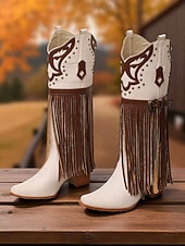 billige Cowboy og vestlige støvler-Blå og brune cowboystøvler med westernfrynser til dame – knehøye støvler med broderi i imitert skinn for rodeo-stil, countrykonserter og festivalantrekk