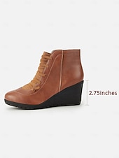 abordables Bottines-Bottines compensées en similicuir marron pour femme avec fermeture éclair latérale – bottines à lacets décontractées et confortables pour le travail, le shopping et les voyages