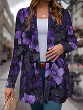 abordables Manteaux 3D-Femmes Manteau d&#039;Hiver Trench Léger Confortable Imprimé Front ouvert ancien Mode Occasionnel Fleuri Vacances Occasionnel Long Sans Col Coupe régulière manche longue Vêtements d&#039;extérieur Violet Vert