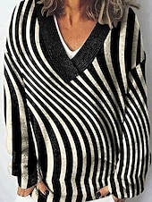 preiswerte Grafische Muster und Details-Damen Pullover Mode Farbblock Gerippt V Ausschnitt Gestrickt Langarm Normale Oberteile Stricken Ferien Ausgehen Wochenende Schwarz Winter