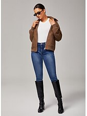 economico Cappotti &amp; Trench-giacca da donna in finta pelle scamosciata con cerniera, collo con revers, finiture a costine, chiusura con cerniera, tasche foderate, casual, elegante, per tutti i giorni, autunno